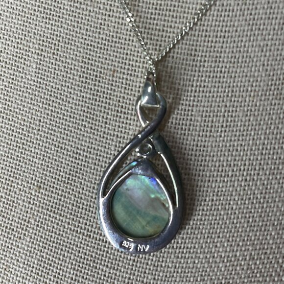 18" Sterling Silver Round Blue Topaz & Abalone Shell Necklace Vintage - Picture 4 of 6